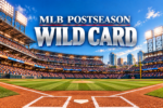 MLB Postseason Wild Card graphic over a bright, packed baseball stadium, with home plate and the field in the foreground.