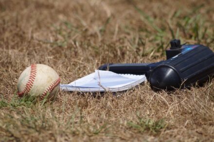 Baseball, scouting notebook, and radar gun on the grass.