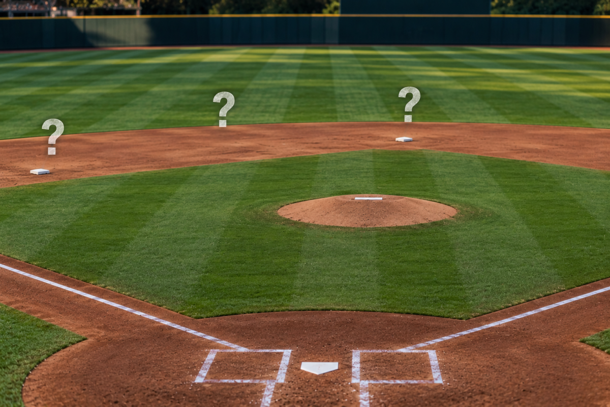 Question marks hover over three infield positions on a baseball diamond, illustrating uncertainty about the Astros’ infield alignment.