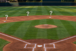 Question marks hover over three infield positions on a baseball diamond, illustrating uncertainty about the Astros’ infield alignment.