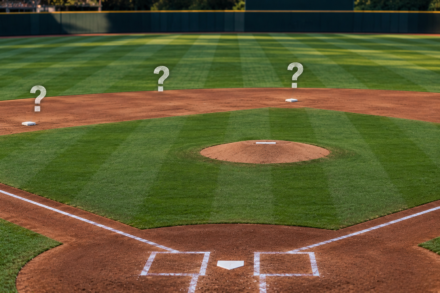 Question marks hover over three infield positions on a baseball diamond, illustrating uncertainty about the Astros’ infield alignment.