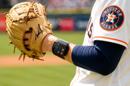 Close-up of an Astros pitcher wearing a PitchCom transmitter on his wrist while holding his glove on the field.