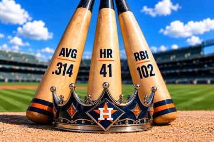 Three baseball bats showing Yordan Alvarez’s .314 average, 41 home runs, and 102 RBI behind an Astros-themed Triple Crown.