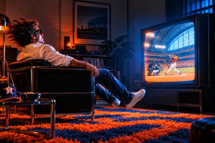 Man in a retro living room watches Astros baseball on TV, with his hair blown back and a blue-and-orange shag carpet underfoot.