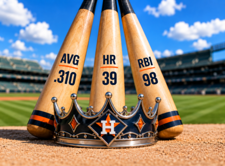 Three baseball bats display Yordan Alvarez’s Triple Crown stats: .310 average, 39 home runs, and 98 RBI, with an Astros-themed crown in front.