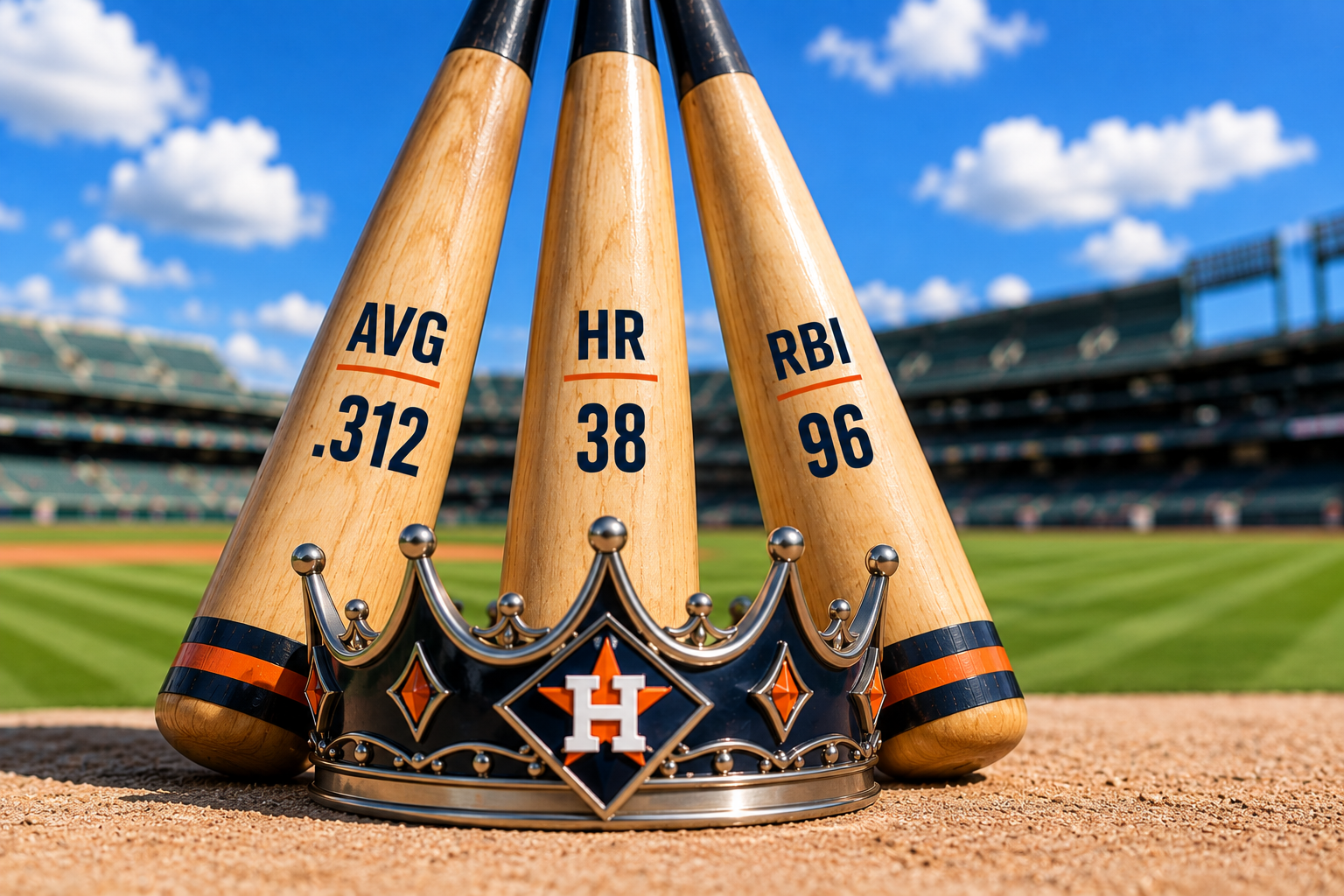 Triple Crown graphic showing three baseball bats with Yordan Alvarez’s current stats: .312 batting average, 38 home runs, and 96 RBI, with a crown in front.