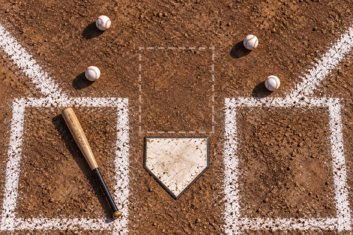 Four baseballs sit outside an illustrated strike zone above home plate, with a bat lying unused in the batter’s box.