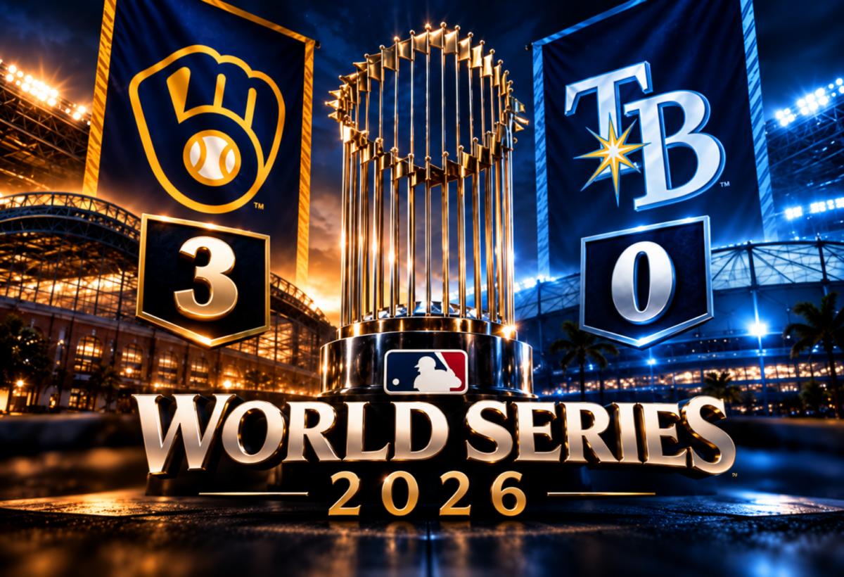 2026 World Series graphic featuring the Commissioner's Trophy between the Milwaukee Brewers and Tampa Bay Rays logos, showing Milwaukee leading the series 3–0.