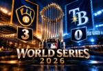 2026 World Series graphic featuring the Commissioner's Trophy between the Milwaukee Brewers and Tampa Bay Rays logos, showing Milwaukee leading the series 3–0.