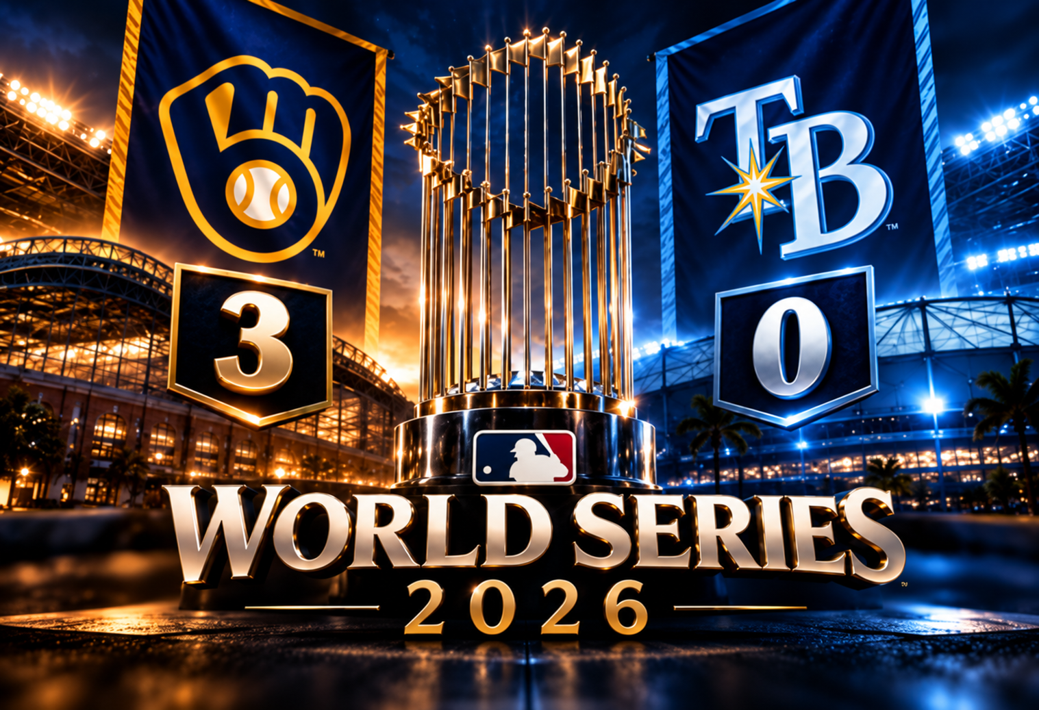 2026 World Series graphic featuring the Commissioner's Trophy between the Milwaukee Brewers and Tampa Bay Rays logos, showing Milwaukee leading the series 3–0.