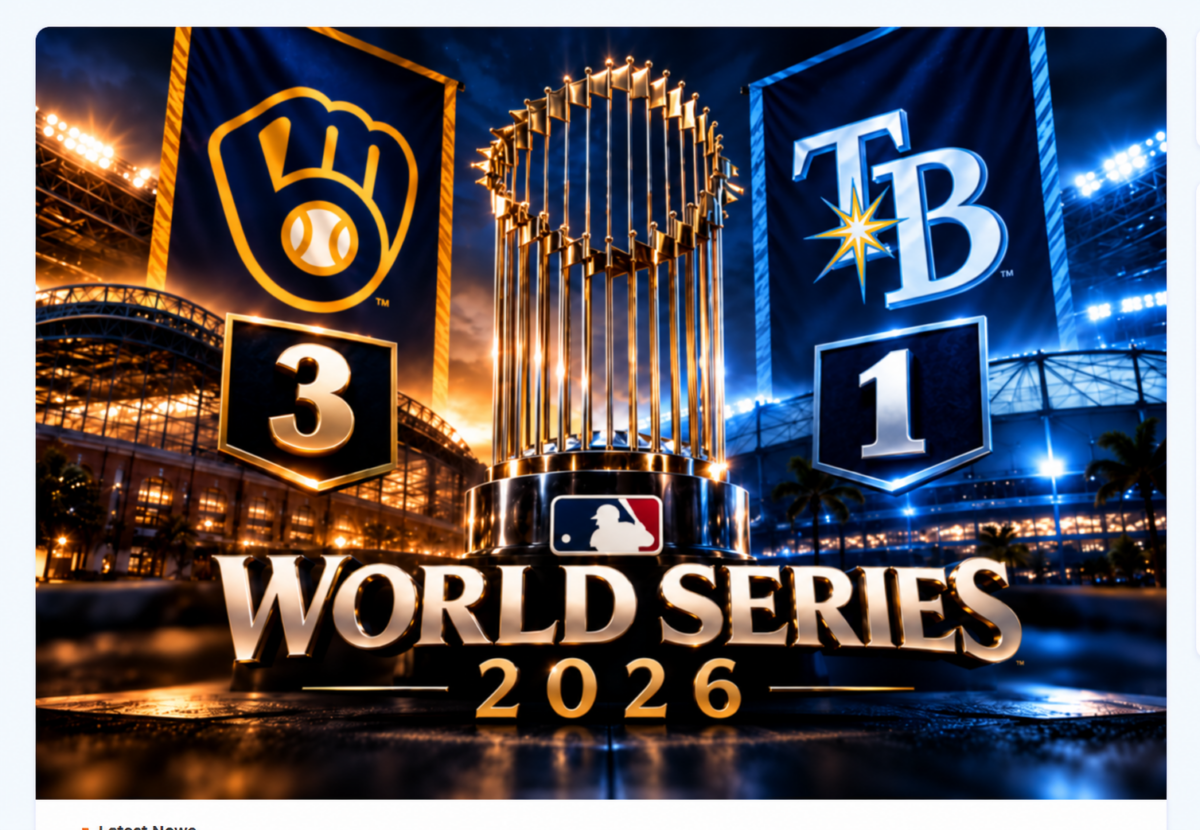 World Series 2026 graphic featuring the Commissioner’s Trophy between the Milwaukee Brewers and Tampa Bay Rays logos, with the series standings showing Milwaukee leading 3–1 beneath dramatic stadium lights.