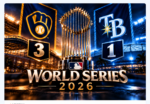 World Series 2026 graphic featuring the Commissioner’s Trophy between the Milwaukee Brewers and Tampa Bay Rays logos, with the series standings showing Milwaukee leading 3–1 beneath dramatic stadium lights.