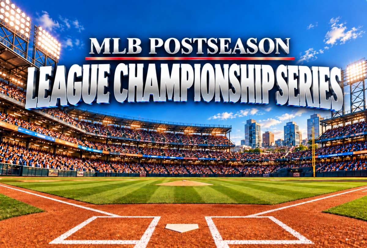 MLB Postseason League Championship Series graphic featuring a packed baseball stadium, bright floodlights, a vivid blue sky, and large silver lettering above the field.