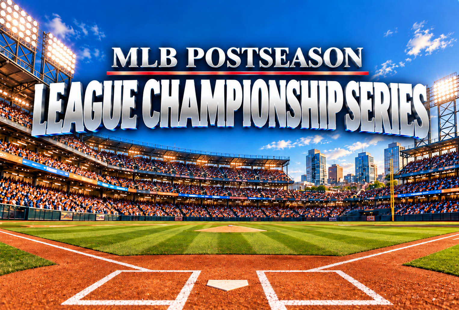 MLB Postseason League Championship Series graphic featuring a packed baseball stadium, bright floodlights, a vivid blue sky, and large silver lettering above the field.
