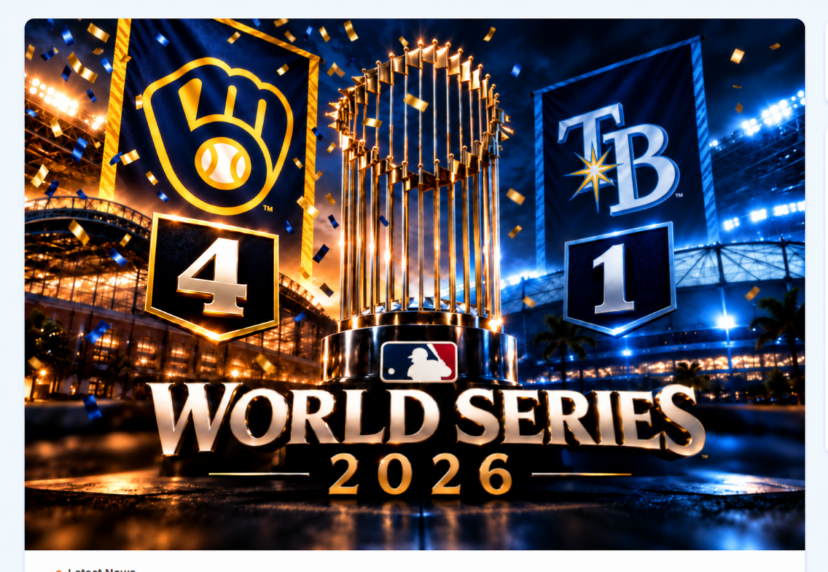 Milwaukee Brewers and Tampa Bay Rays banners flank the World Series trophy, with gold and navy confetti falling as the final series score shows Milwaukee winning 4–1.