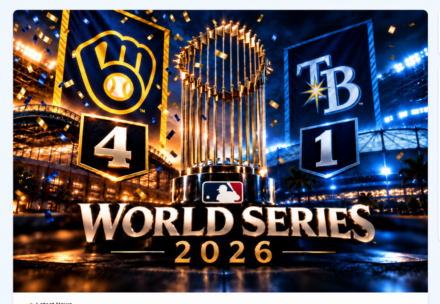 Milwaukee Brewers and Tampa Bay Rays banners flank the World Series trophy, with gold and navy confetti falling as the final series score shows Milwaukee winning 4–1.