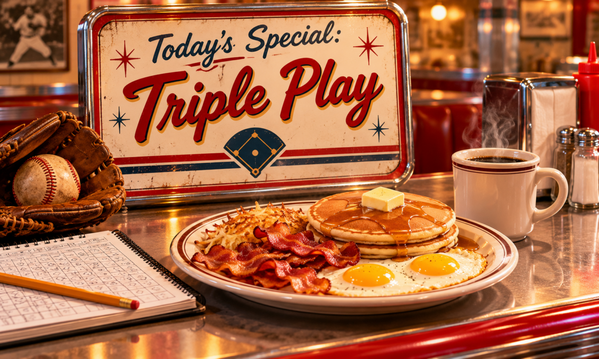 Retro diner graphic featuring a breakfast platter, steaming coffee, and a baseball glove beside a vintage sign reading “Today's Special: Triple Play,” illustrating Denny's 2026 World Series promotion.