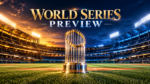 World Series Preview graphic featuring the Commissioner's Trophy centered on a baseball field at dusk, with warm gold lighting on the left, cool blue lighting on the right, and the words “World Series Preview” above the trophy.