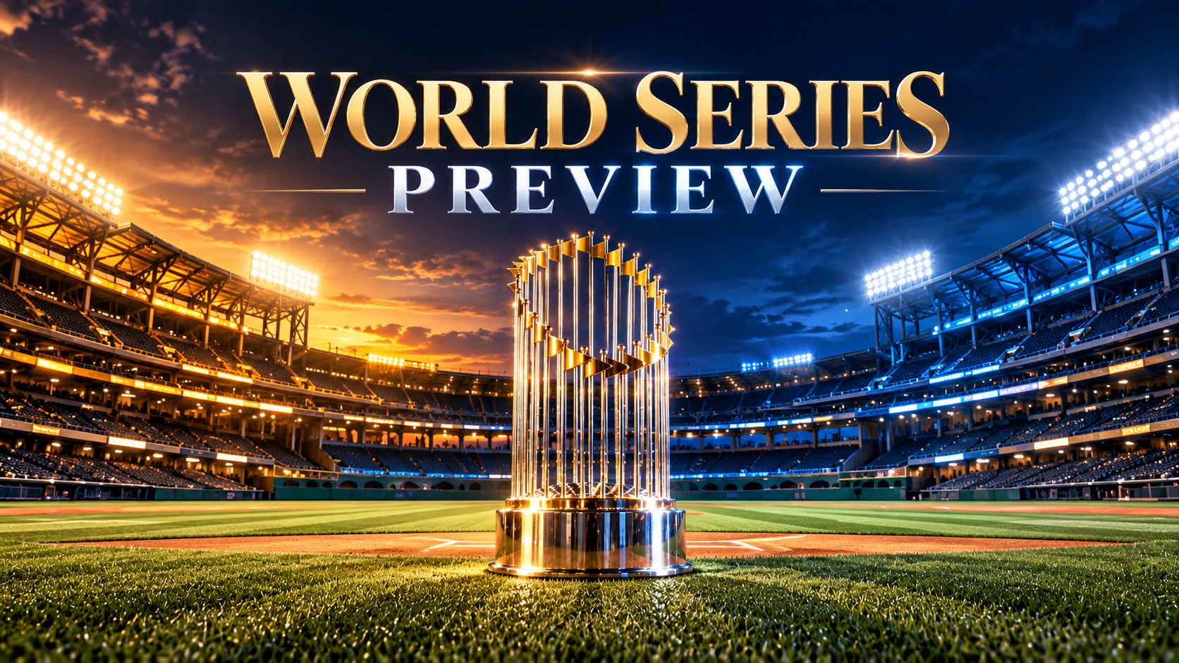 World Series Preview graphic featuring the Commissioner's Trophy centered on a baseball field at dusk, with warm gold lighting on the left, cool blue lighting on the right, and the words “World Series Preview” above the trophy.