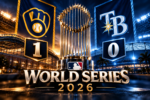 World Series 2026 graphic featuring the Commissioner's Trophy between the Milwaukee Brewers and Tampa Bay Rays logos, with the series standings showing Milwaukee leading 1–0 beneath dramatic stadium lights.
