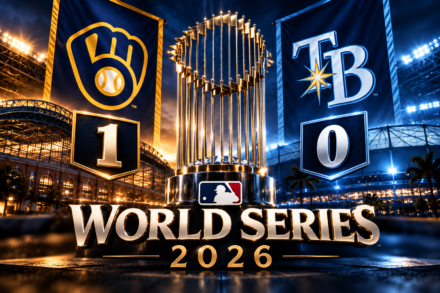 World Series 2026 graphic featuring the Commissioner's Trophy between the Milwaukee Brewers and Tampa Bay Rays logos, with the series standings showing Milwaukee leading 1–0 beneath dramatic stadium lights.