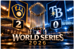 World Series 2026 graphic featuring the Commissioner's Trophy between the Milwaukee Brewers and Tampa Bay Rays logos, with Milwaukee leading the series 2–0 beneath dramatic stadium lights.