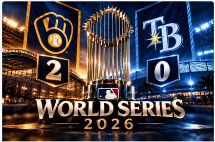 World Series 2026 graphic featuring the Commissioner's Trophy between the Milwaukee Brewers and Tampa Bay Rays logos, with Milwaukee leading the series 2–0 beneath dramatic stadium lights.