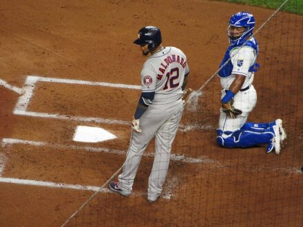Martín Maldonado bats for the Houston Astros against the Kansas City Royals at Kauffman Stadium.
