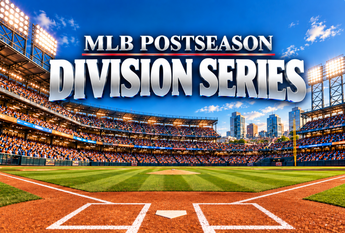 MLB Postseason Division Series graphic featuring a packed baseball stadium under a bright blue sky.