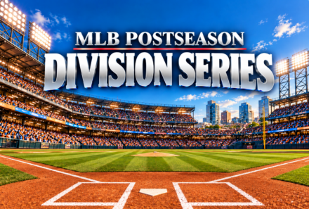MLB Postseason Division Series graphic featuring a packed baseball stadium under a bright blue sky.